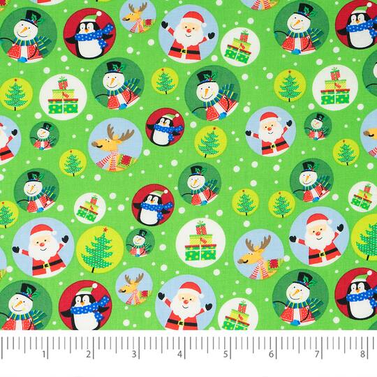 SINGER Christmas Snowglobes on Green Cotton Fabric